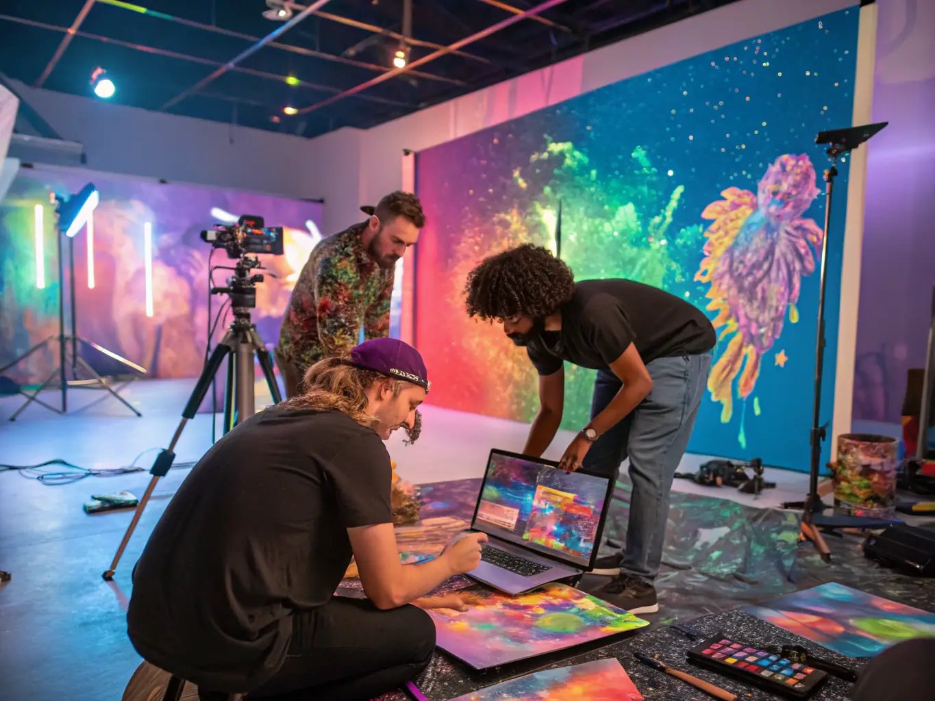 A photo of artists collaborating during a J * B PRODUCTION workshop, exchanging ideas and working on a creative project. The image captures the spirit of artistic collaboration and mutual support.