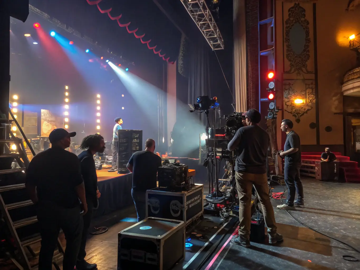 A vibrant photograph capturing a behind-the-scenes moment during a live performance supported by J * B PRODUCTION, showcasing the technical crew at work.