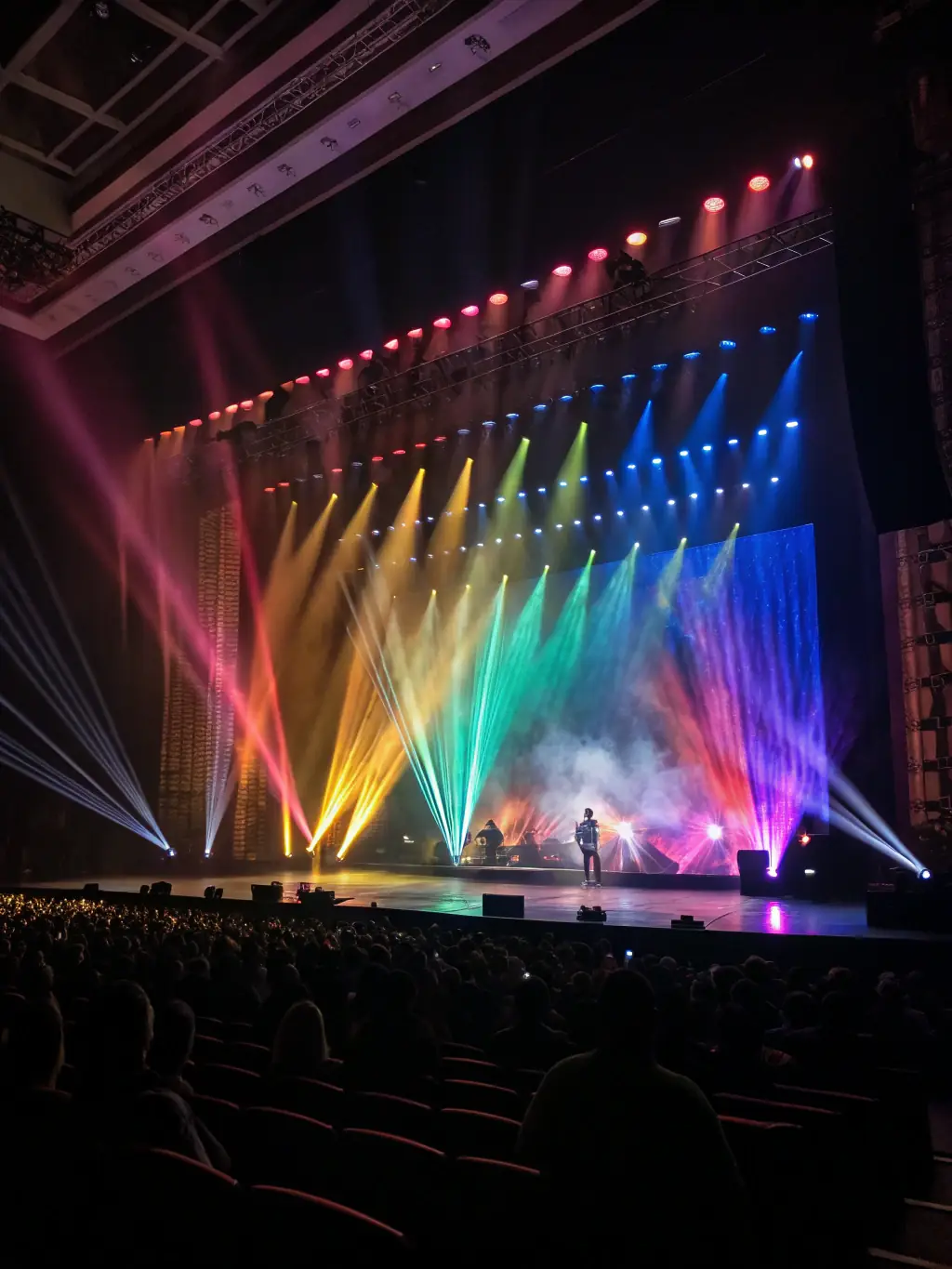 A dynamic image of a live performance event supported by J * B PRODUCTION, featuring state-of-the-art lighting and sound equipment.