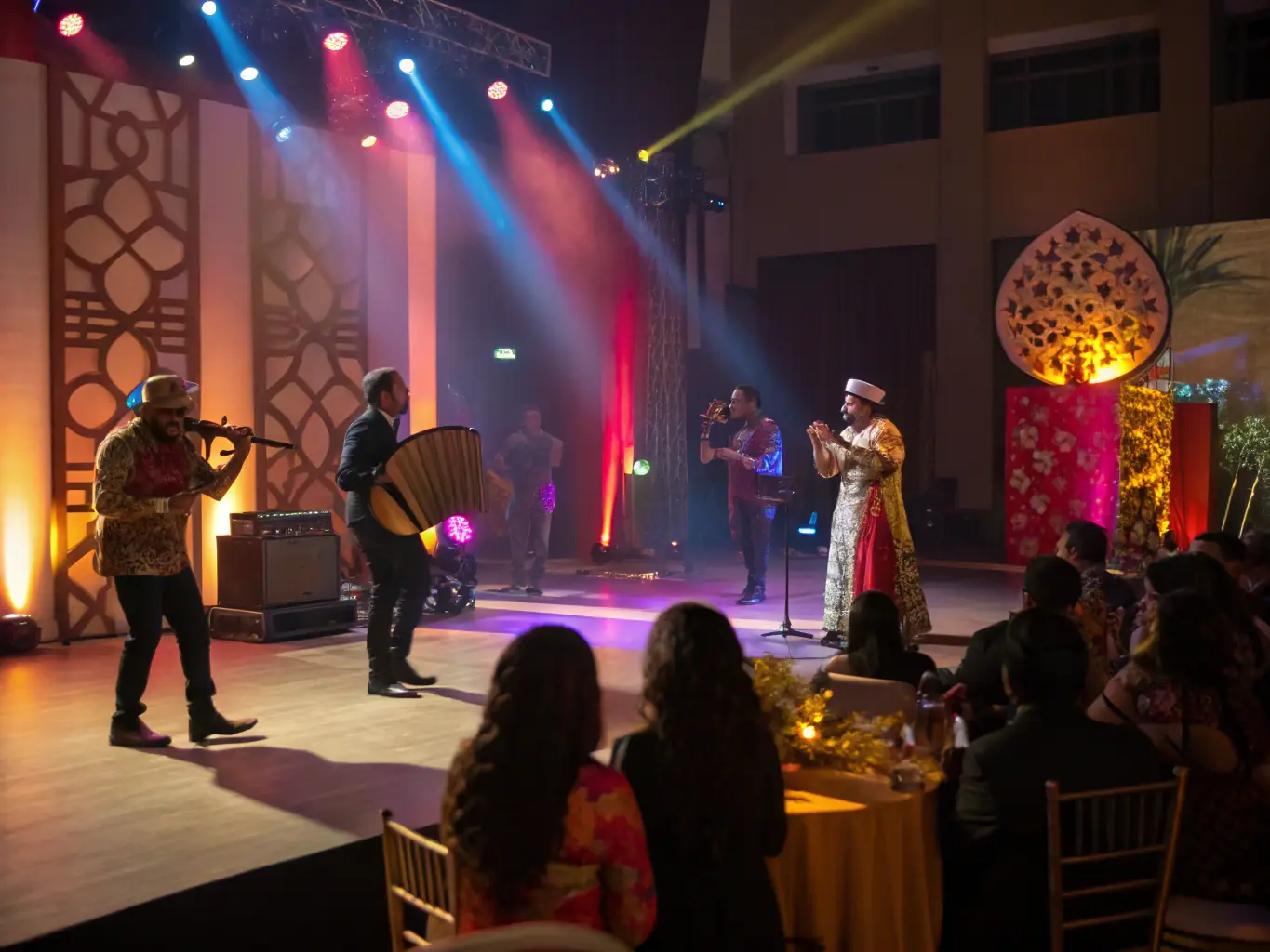 A captivating shot of a cultural event organized by J * B PRODUCTION, highlighting the diverse audience and the engaging performance on stage.