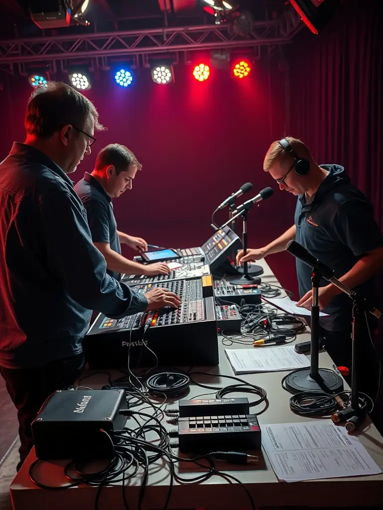 A behind-the-scenes shot of J * B PRODUCTION staff organizing a cultural event, emphasizing the logistical expertise and dedication involved.